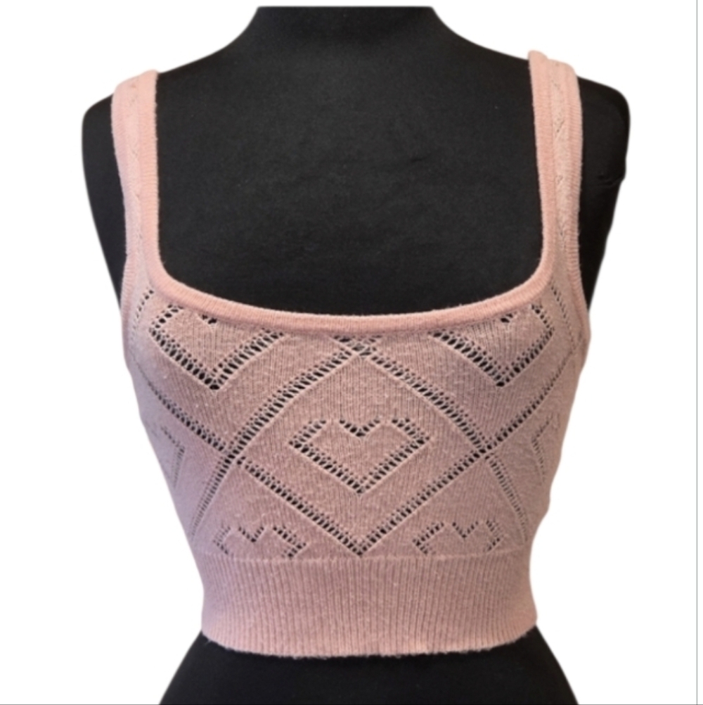 Sweet Republic M Peach Knit Crop Top Heart Crochet Soft Girlie Tank Cami